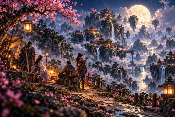 Travelers gather by a lantern above a moonlit valley.
