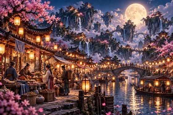 Lantern-lit market stalls beside a river.