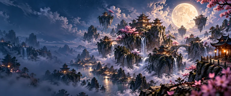 Moonlit mountains, waterfalls and lantern-lit pavilions.